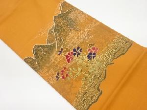 リサイクル　手織り紬手描き金彩花に遠山模様袋帯